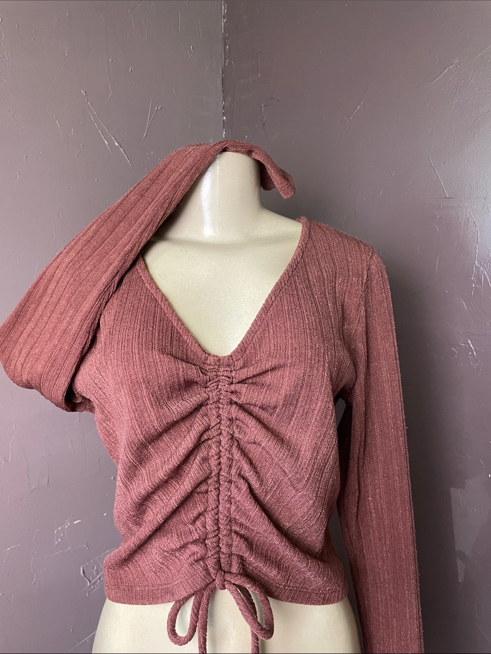 Good Luck Gem Mauve Pink Ribbed Drawstring V-Neck Top